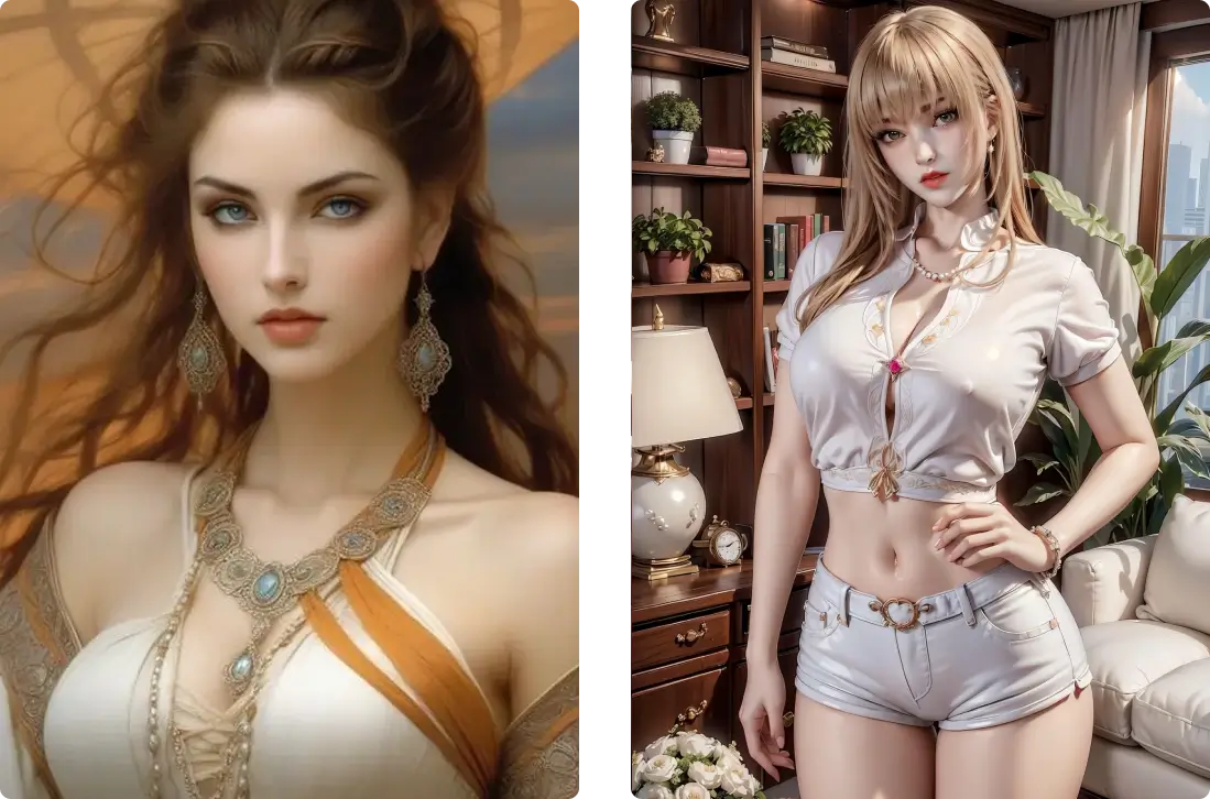 Two women with styled hair posing indoors in fashionable outfits.