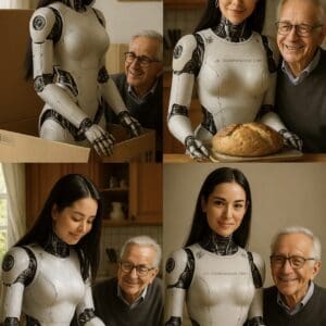 Humanoid robot and elderly man baking bread
