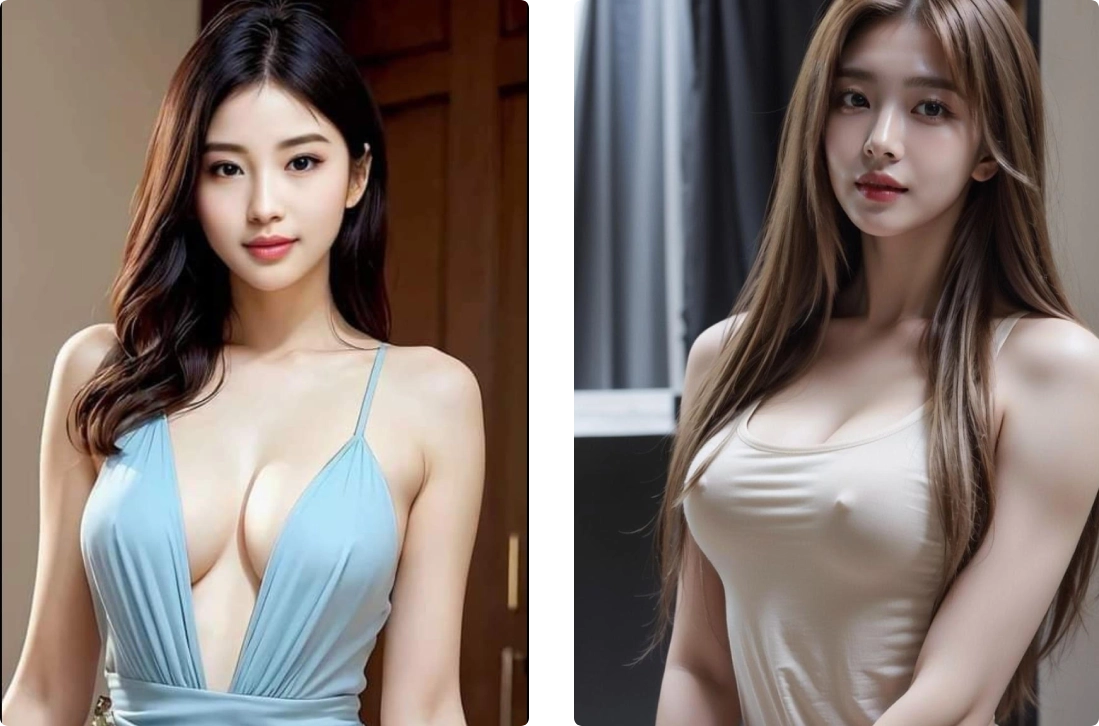 Two women in elegant dresses posing indoors.