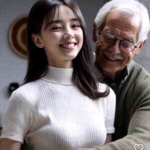 Smiling young woman and elderly man embracing