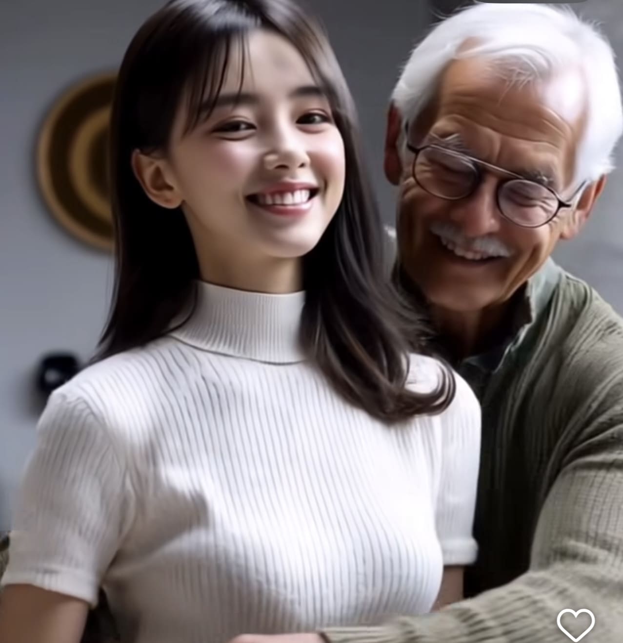Smiling young woman and elderly man embracing